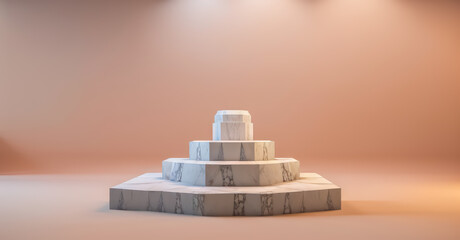 white marble pedestal steps in center with abstract or unorganized layout on pink background.  minimalistic abstract background concept for product placement. Minimal fashion mockup.generative ai
