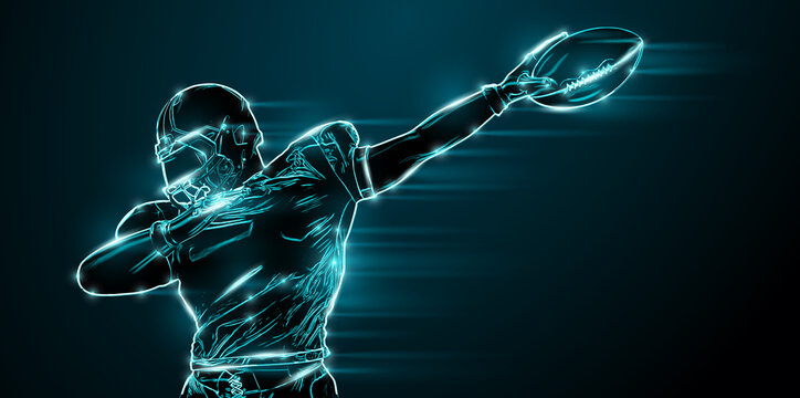 Abstract silhouette of a NFL american football player man in action isolated black background.