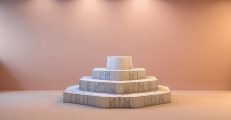 white marble pedestal steps in center with abstract or unorganized layout on pink background.  minimalistic abstract background concept for product placement. Minimal fashion mockup.generative ai