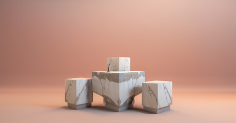 white marble pedestal steps in center with abstract or unorganized layout on pink background.  minimalistic abstract background concept for product placement. Minimal fashion mockup.generative ai