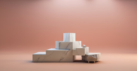 white marble pedestal steps in center with abstract or unorganized layout on pink background.  minimalistic abstract background concept for product placement. Minimal fashion mockup.generative ai