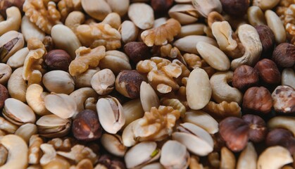 Background of various nuts almond, cashew, hazelnut, pistachio, walnut. Vegetarian meal. Healthy eating concept