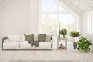 Fototapeta premium White living room with sofa. Scandinavian interior design. 3D illustration