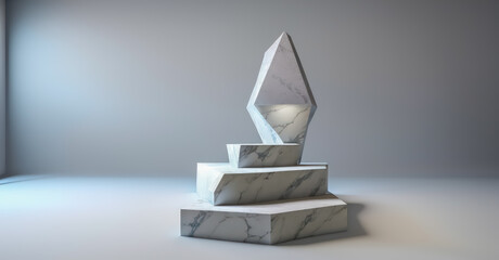 white marble pedestal steps in center with abstract or unorganized layout on white background.  minimalistic abstract background concept for product placement. Minimal fashion mockup.generative ai