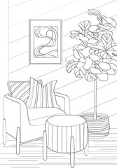 Design interior room. Vector illustration coloring antistress for adult in outline style.
