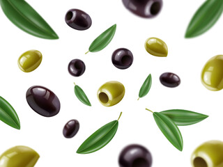 Falling olives. Realistic flying vegetables, white background, 3d isolated plant products, green and black with leaves, mediterranean natural food, botanical backdrop, utter vector concept