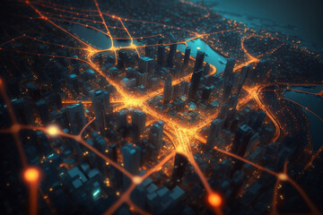 Obraz na płótnie Canvas Connections and Networks Concept. Circuit Board Cities at night with orange lights. Digital Painting. Generative Ai technology