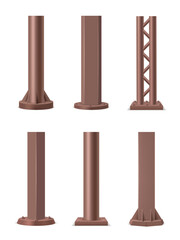 Steel pipes. Realistic ads street steel columns decent vector illustrations set