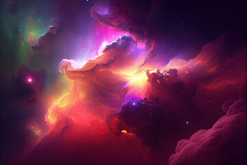 Obraz na płótnie Canvas A closeup shot of a mysterious, glowing and colourful nebula in space - Generative AI