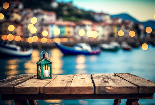 Empty old wooden table with Fishermen village in the province of La Spezia, Liguria, Italy bokeh background