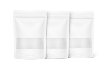 Three blank stand up pouch bags with zipper mockup. Vector illustration isolated on white background. Front view. Realistic mockup will perfectly convey the benefits of your product. EPS10.	