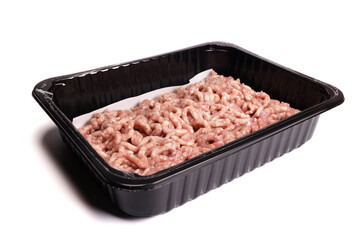 Fresh raw minced meat or ground meat in plastic container isolated on white