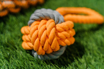 Orange gray rag dog toy on synthetic grass hard light