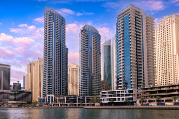 Fototapeta premium Luxury Dubai Marina skyscrapers panorama on sunset sunrise