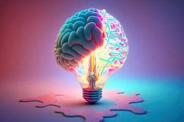 Light bulb and half a brain on trendy background. Creating idea. Knowledge concept. Generative AI