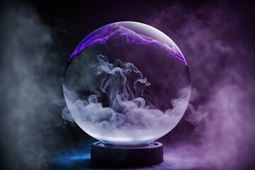Fototapeta na wymiar Crystal ball for future prediction with smoke on dark background. Beautiful fantasy illustration. Generative AI