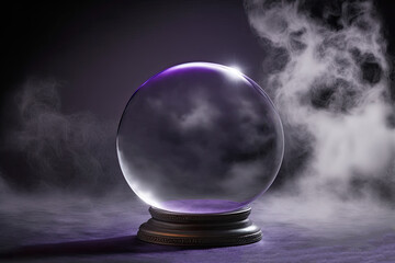 Empty crystal ball for future prediction with smoke on dark background. Beautiful fantasy illustration. Generative AI