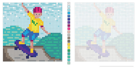 vector pixel art illustration, boy riding a skateboard, coloring book, embroidery design, mosaic, creativity, development of motor skills and imagination