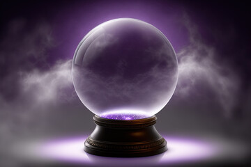 Empty crystal ball for future prediction with smoke on dark background. Witch sphere for reading fate. Generative AI - obrazy, fototapety, plakaty