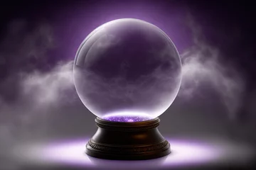 Fotobehang Empty crystal ball for future prediction with smoke on dark background. Witch sphere for reading fate. Generative AI © Maxim Stepanov