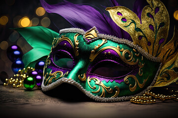 Mardi Gras mask with feathers in green and purple colors. Carnival party mask. Generative AI
