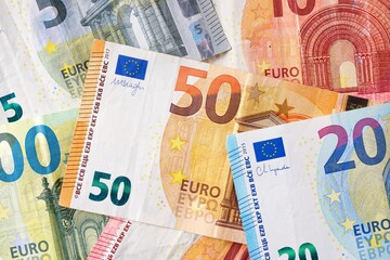 Close-up of a pile of banknotes of the European Union.