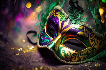 Mardi Gras mask with feathers in green and purple colors. Carnival party mask. Generative AI - obrazy, fototapety, plakaty
