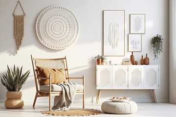 White interior with chair, macrame, wall frame and wooden elements. Generative AI