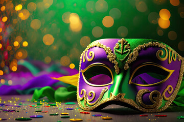 Carnival Mardi Gras mask in purple and green colors. Generative AI