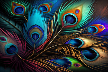 many of colorful peacock feathers on a silk background 