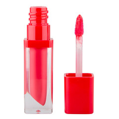 Lip gloss in a transparent package with a brush on an isolated white background