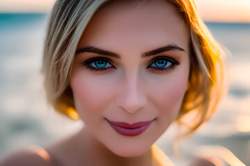 Portrait of a young blonde beautiful model, closeup, at the seaside, in beautiful sun, generative ai, fictional character
