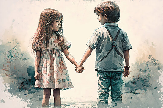 Children Holding Hands Painting, Boy and Girl Hold Hands, Young Love Illustration, Children in Love Print, School Crush, Young Couple, White Background, Kids Holding Hands Poster