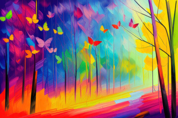 Colorful abstract forest with butterflies