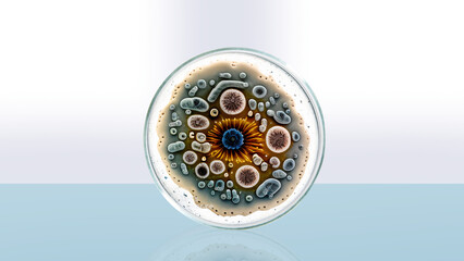 Petri dish in multi-colored bacteria and viruses. Empty place. Generative AI