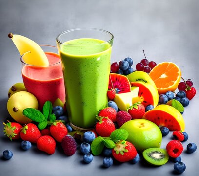Healthy Smoothie with Fresh Fruits, Generative AI Illustration