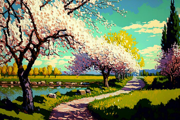 Van Gogh style painting. Stylized landscape. Impressionist background. Ai generative