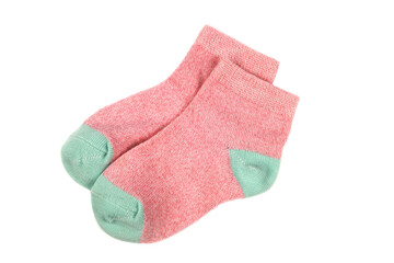 Pair of cute child pink socks on white background