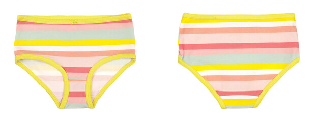 Striped colored baby briefs, front and back view isolated on white