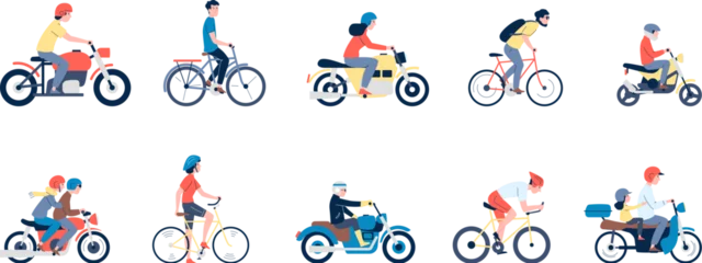 Fotobehang Flat motorcyclist characters. Riding bike and motorcycle, man ride motorbike in helmet. Modern scooter, different people drivers recent vector set © LadadikArt