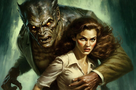 Fictional woman with werewolf , early horror movie style AI generative