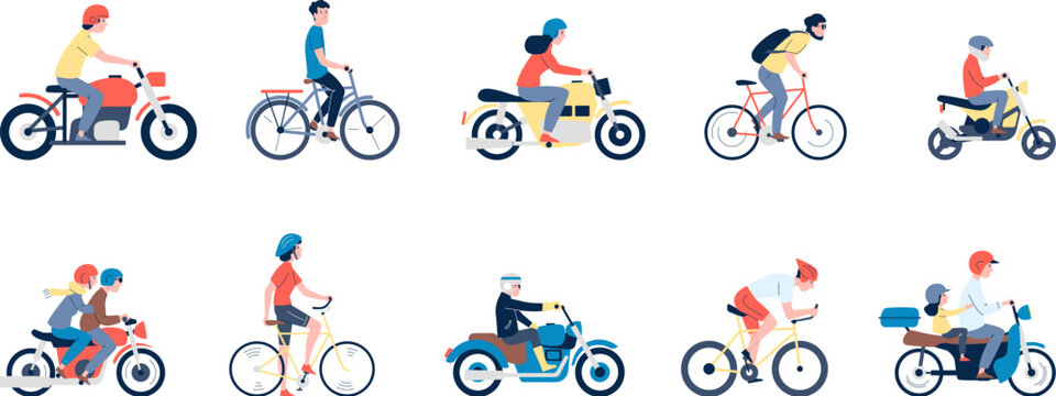 Flat motorcyclist characters. Riding bike and motorcycle, man ride motorbike in helmet. Modern scooter, different people drivers recent vector set