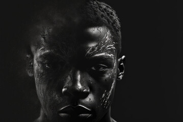 A portrait of a black man on a black background. Half of his face is in focus, while the other half is blending into the background. Created with Generative AI, no one recognisable. Not a real person.