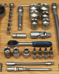 A set of tools, stainless keys. Service station, car service. A large selection of tools for various jobs