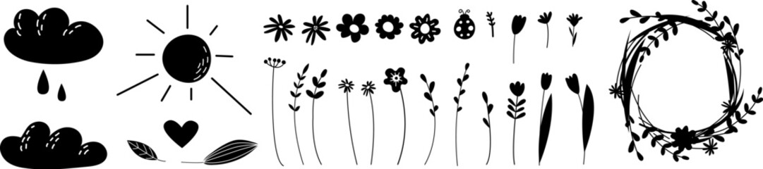 Black nature elements. Flower, cloud and sun and rays, floral wreath silhouette. Decorative boho set, grass and flowers, branches vector collection