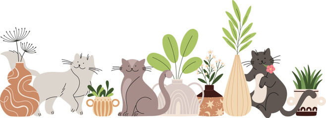 Obraz na płótnie Canvas Cats and plants. Cute doodle kitten walk and sitting in pot home flowers. Cartoon flat cat eat flower, funny pets vector scene