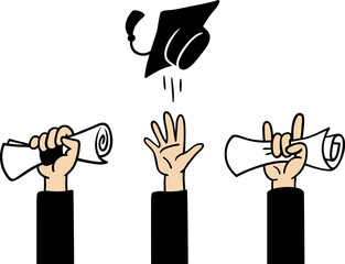 Graduating concept with hands holds scroll diploma and throw up academic hat. Happy graduation college, school or university, vector banner