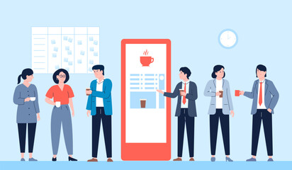 People drink coffee from vending machine. Office person business lunch, creative team on break. Flat woman man drinking hot beverages, vector scene