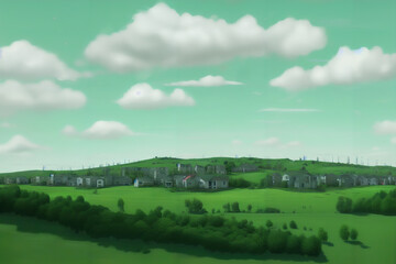 Green Hilltops with Wind Turbines at the Horizon's Edge Generative AI Art Illustration