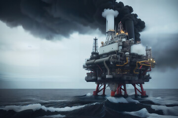 Fototapeta premium Fiery and Crumbling Oil Platform Sunk in the Sea Generative AI Photo